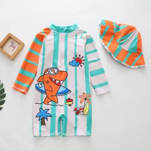 Boys quick-dry sun-protective one-piece swimsuit set with shark print and matching hat.