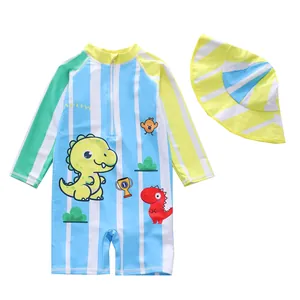 Quick-dry boys cartoon dinosaur one-piece swimsuit set with matching striped sun hat