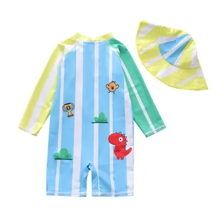Quick-dry UV protection one-piece kids swimwear set with dinosaur and matching sun hat