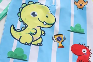 Close-up of cute dinosaur pattern on kids blue striped sun protection swimsuit