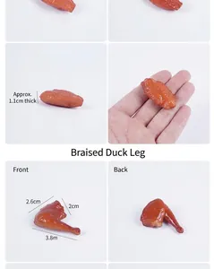 Detail view of mini simulated braised duck leg and chicken wing food models with dimensions