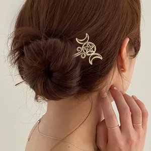 Vintage Alloy Triple Moon Pentagram Hair Stick Mystical Hollow Star Moon Hairpin For Women Gothic Hair Accessories