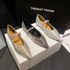 Damen Strass Perlen Mary Jane Ballerinas Spitze Zehen Glitzernde Mikrofaser Gummisohle Mode Hochzeit Party Schuhe