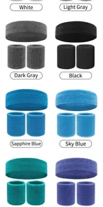 Detail view of sports sweatband sets in various colors, featuring headbands and wristbands.