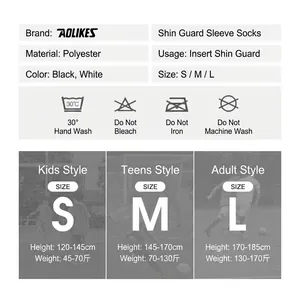 Breathable pocket-style soccer shin guard sleeves for adults and kids, sizes S/M/L