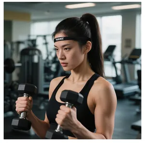Asian woman exercising in gym wearing black Aolikes non-slip sport headband and holding dumbbells