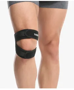 Close-up of adjustable black patella strap showing double compression on knee