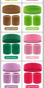 Multi-color sweatband and wristband set showing various options in soft towel fabric.