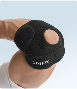 Professional detail view of adjustable sports elbow brace with AOLIKES logo and breathable mesh