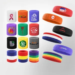 Variety pack of colorful terry cloth sports wristbands and sweat-absorbent headbands.