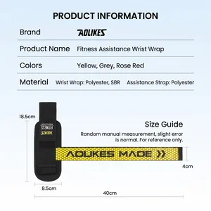 Cinghie per sollevamento pesi AOLIKES con misure di dimensioni e dettagli dei materiali