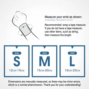 Wrist support brace size guide with wrist circumference measurement instructions.