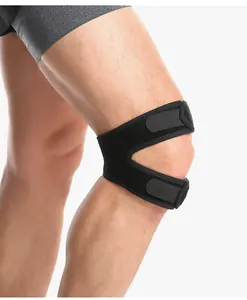 Side view detail of a black adjustable patellar tendon strap for sports knee support
