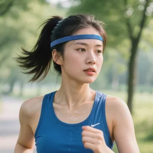 Blue non-slip sports headband for running and yoga worn by a jogging woman outdoors.
