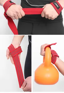 Vue détaillée des sangles de levage rouges AOLIKES montrant l'usage avec un kettlebell.