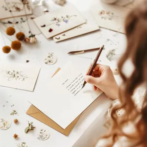 Gros plan d'une main écrivant sur une carte de correspondance florale vierge