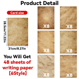 Detailed size guide for 48 sheets of vintage A4 writing paper in 6 unique styles