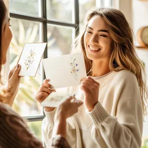 Deux femmes partagent des cartes fleurs dans une scène de vie intérieure très chaleureuse.