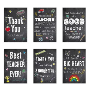 Set de 6 tarjetas de agradecimiento para profesores con diseño de pizarra y frases.