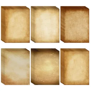 Detailed view of six different vintage textured paper styles for scrapbooking crafts.