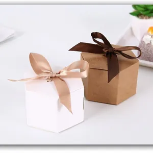 Hexagonal White Kraft Paper Gift Box With Satin Ribbon Bow For Wedding Party Bakery Candy Cookie Packing Foldable Treat Box