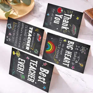 Juego de tarjetas de agradecimiento para maestros estilo pizarra con ilustraciones alegres.