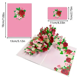 Pink 3D pop-up rose greeting card with dimensions 18x13cm for birthdays and weddings
