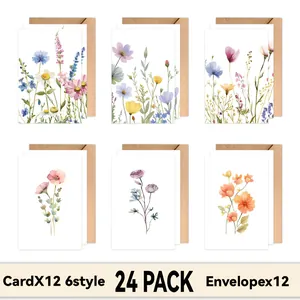 Lot de 12 cartes de vœux fleurs aquarelle avec enveloppes, 6 motifs, pack de 24 total