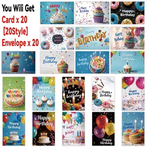 Set mit 20 verschiedenen Geburtstagskarten mit bunten Kuchen- und Donut-Designs.