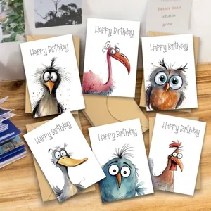 Set of 6 funny watercolor bird birthday cards with kraft envelopes in unique styles.