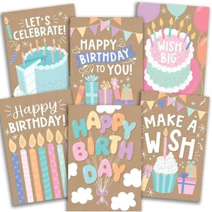 Set of 6 colorful cartoon birthday cards with various festive cake and balloon designs.