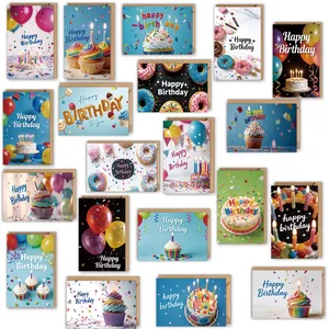 Sammlung von 20 einzigartigen Geburtstagskarten mit bunten Kuchen- und Ballondesign
