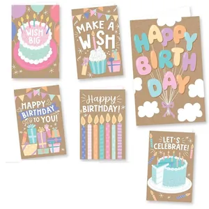 Cartoon Birthday Invitation Greeting Cards With Envelopes Kraft Paper Colorful Cake Balloon Pattern For Kids Party Cards