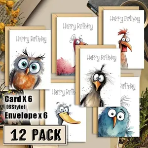 Detailed view of 6 funny watercolor bird birthday cards with envelopes in 12 pack