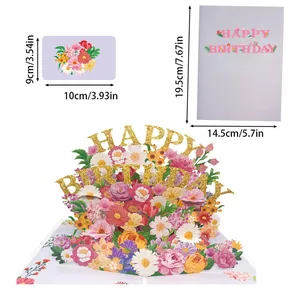 Exquisite 3D pop-up floral birthday greeting card set with detailed size measurements