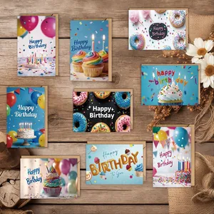 Sortiment von Geburtstagskarten mit bunten Kuchen- und Donut-Designs