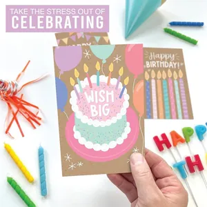 Vibrant birthday card detail featuring a colorful cake and Wish Big greeting text
