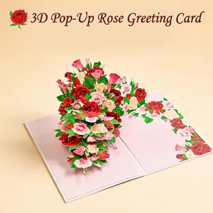 3D Pop Up Rose Bouquet Greeting Card Handmade White Cardboard Flower Cards For Mother's Day Birthday Valentine's Day Gift