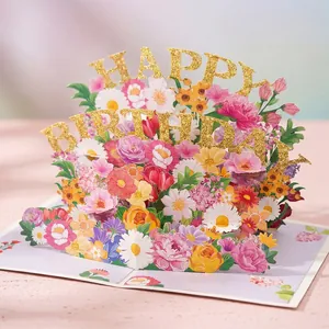 Detailed view of a colorful 3D pop-up floral card with Happy Birthday greeting