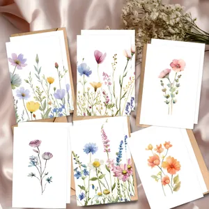 Vue détaillée de 6 cartes de vœux fleurs aquarelle avec enveloppes kraft en soie rose