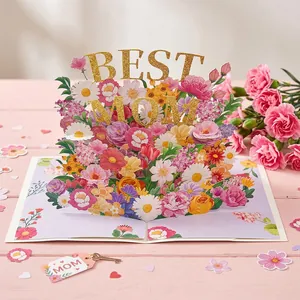Close-up of 3D Mother's Day pop-up card featuring colorful flowers and Best Mom text