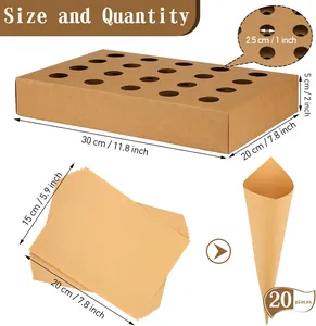 Detaillierte Maße für 20-teiliges Konfetti-Tüten- und Tablett-Set aus Kraftpapier.