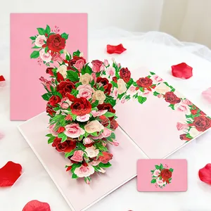 Detailed view of 3D pop-up rose bouquet greeting card with envelope and mini card