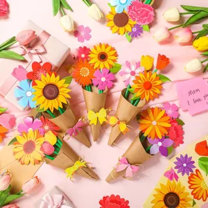 Día de la Madre DIY Ramo de Flores Tarjeta de Felicitación Cartulina Hecha a Mano Girasol Clavel Regalo Día del Maestro