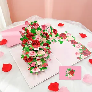 Exquisite 3D pop-up rose bouquet greeting card detail with pink envelope and insert.
