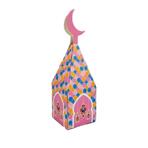Creative Ramadan moon candy gift box featuring pink crescent and mosque designs