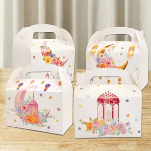 Middle Eastern Eid Ramadan Mubarak Gift Boxes White Cardboard Candy Cookie Snack Packaging Box With Heart Handle Floral Moon Stars Lantern Pattern Party Favors