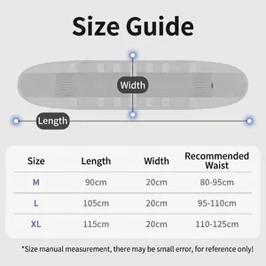 Size chart for breathable waist support belt with length and width dimensions