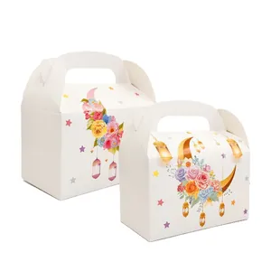 White Eid Mubarak gift boxes featuring crescent moon floral prints for candy and party favors