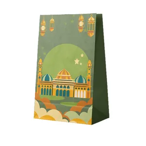 Sacchetto regalo in carta verde Ramadan Eid con illustrazione di moschea e lanterne